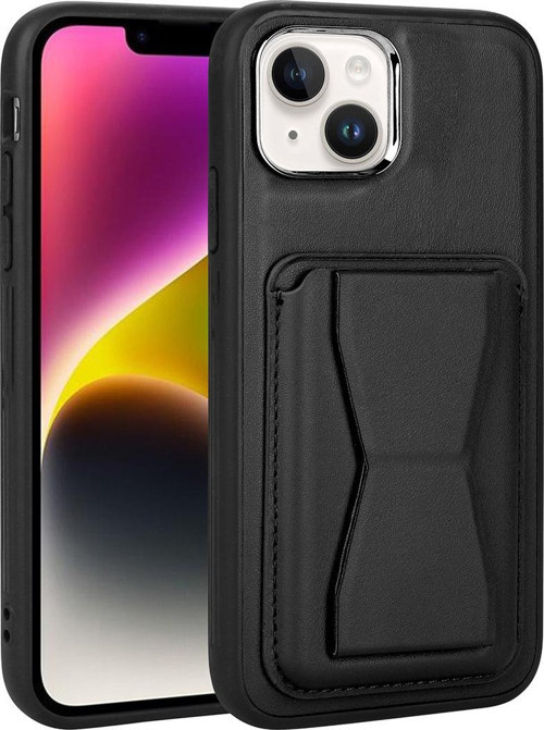 iPhone 14 Uyumlu Kılıf Katlanabilir Standlı PU Deri Kartlıklı Kapak-Memo - Siyah