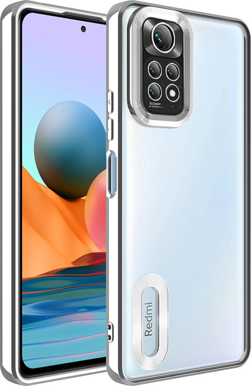 Xiaomi Redmi Note 11S Global Kılıf Kamera Korumalı Logo Gösteren Şeffaf Premium Omega Kapak - Gümüş