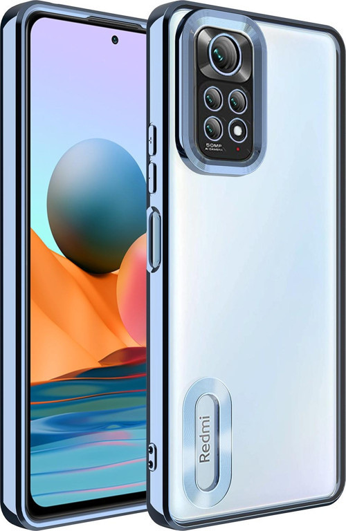 Xiaomi Redmi Note 11S Global Kılıf Kamera Korumalı Logo Gösteren Şeffaf Premium Omega Kapak - Mavi