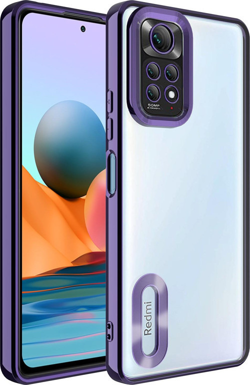 Xiaomi Redmi Note 11S Global Kılıf Kamera Korumalı Logo Gösteren Şeffaf Premium Omega Kapak - Mor