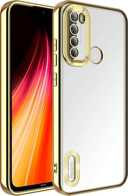Xiaomi Redmi Note 8 Kılıf Kamera Korumalı Logo Gösteren Şeffaf Premium Omega Kapak - Altın