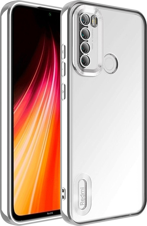 Xiaomi Redmi Note 8 Kılıf Kamera Korumalı Logo Gösteren Şeffaf Premium Omega Kapak - Gümüş