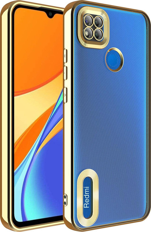 Xiaomi Redmi 9C Kılıf Kamera Korumalı Logo Gösteren Şeffaf Premium Omega Kapak - Altın
