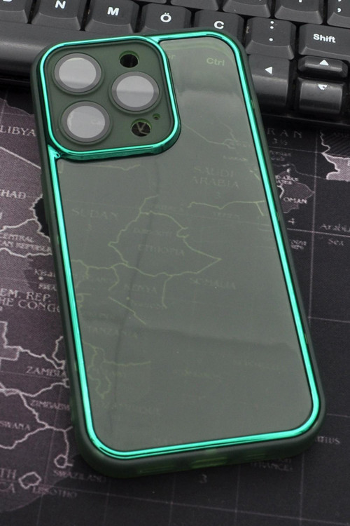 iPhone 13 Pro Uyumlu Yeşil Kenarlı Renkli Yarı Şeffaf Kapak Kılıf Kamera Lens Korumalı