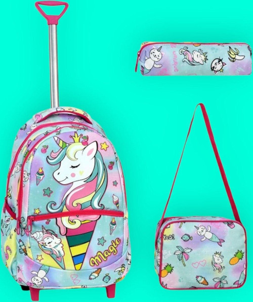 Çekçekli Unicorn Desenli Beslenmeli Ve Kalemlikli Okul Çantası 3'Lü Set