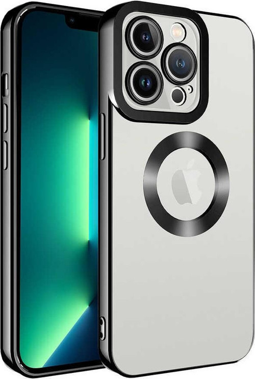 Apple iPhone 13 Pro Max Kılıf Kamera Korumalı Logo Gösteren Şeffaf Premium Omega Kapak - Siyah