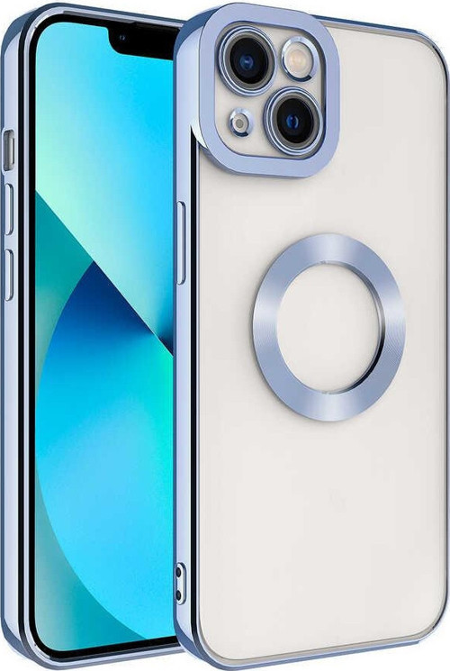 Apple iPhone 14 Kılıf Kamera Korumalı Logo Gösteren Şeffaf Premium Omega Kapak - Açık Mavi