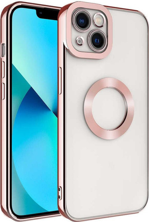 Apple iPhone 14 Kılıf Kamera Korumalı Logo Gösteren Şeffaf Premium Omega Kapak - Altın