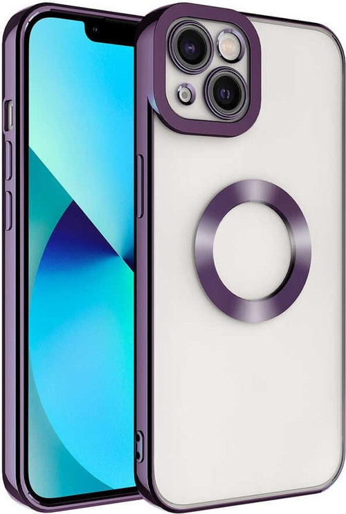Apple iPhone 14 Kılıf Kamera Korumalı Logo Gösteren Şeffaf Premium Omega Kapak - Mor