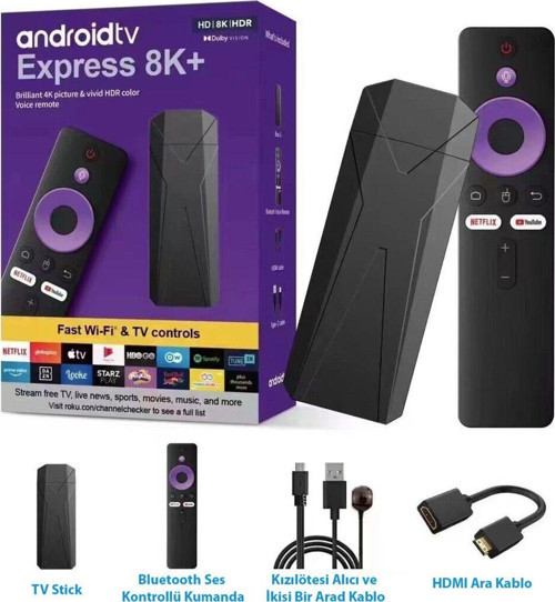 Android Tv 8K+ Android 13 Ses Kontrollü Kumanda 2Gb Ram+16Gb Hafıza Wi-Fi 5G Quad Core İşlemci