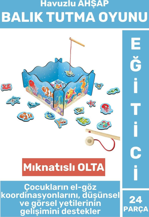 Eğitici El-Göz Koordinasyonu Parça Bütün İlişkisi Eğlenceli Havuzlu Ahşap MANYETİK BALIK TUTMA OYUNU