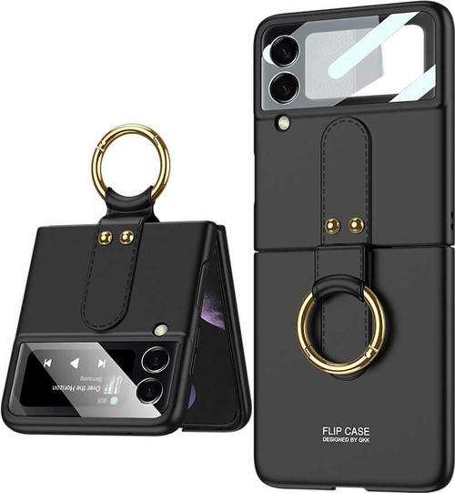 Galaxy Z Flip 3 Kılıf Yüzüklü Stand Olabilen İnce Tasarım-Kıpta Ring - Siyah