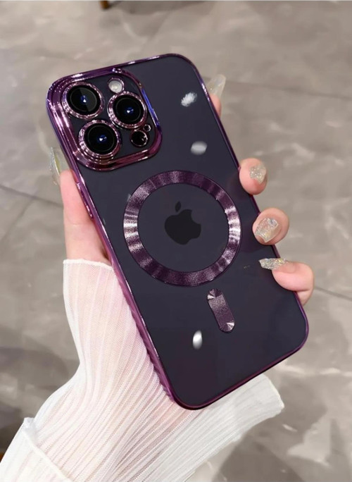 İphone 11 Pro Max Kılıf Magsafe Özellik Parlak Kenar Renkli Koruyucu Kapak - Mor