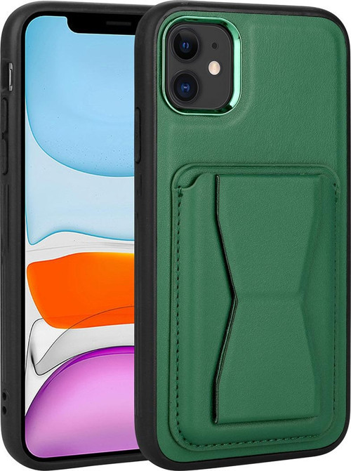 iPhone 11 Uyumlu Kılıf Katlanabilir Standlı PU Deri Kartlıklı Kapak-Memo - Koyu Yeşil