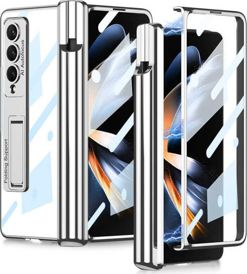 Galaxy Z Fold 4 Kılıf Kıpta Standlı Kalem Bölmeli Kapak - Gümüş