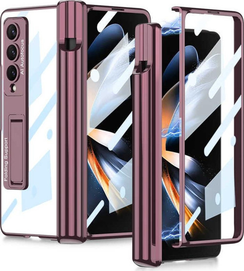 Galaxy Z Fold 4 Kılıf Kıpta Standlı Kalem Bölmeli Kapak - Mürdüm