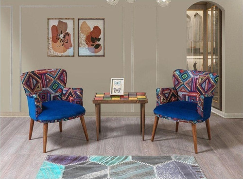 Bienville Mavi Çay Seti 2 Tekli Koltuk Sehpa (Salon - Balkon - Cafe Ofis)