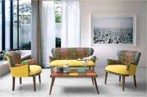Etnik Desen Çay Seti Koltuk Takımı - Salon - Balkon - 2+1+1 (Sarı)
