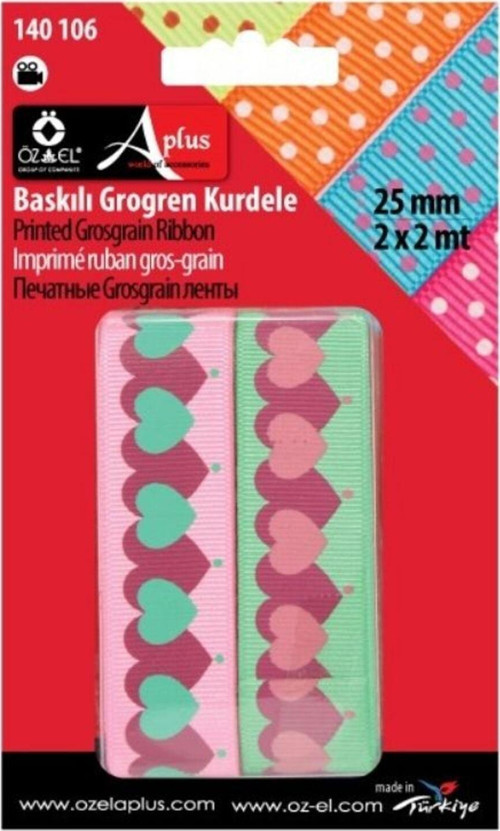 Pembe Ve Yeşil 2'Li Kalp Baskılı Grogren Kurdele, Paketlik Kurdele, 2,5 Cm 2 2 Mt 140 106