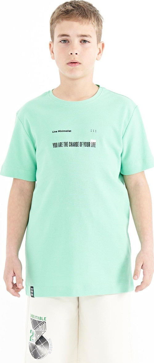 Su Yeşili Baskı Detaylı O Yaka Standart Kalıp Erkek Çocuk T-Shirt - 11117