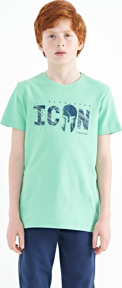 Su Yeşili Ön Yazı Nakışlı O Yaka Standart Kalıp Erkek Çocuk T-Shirt - 11118