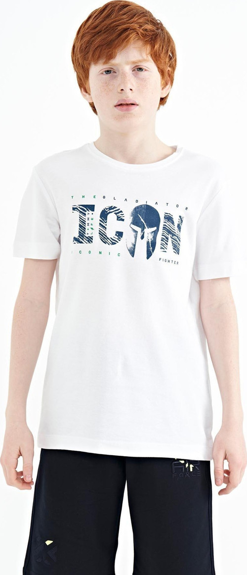 Beyaz Ön Yazı Nakışlı O Yaka Standart Kalıp Erkek Çocuk T-Shirt - 11118