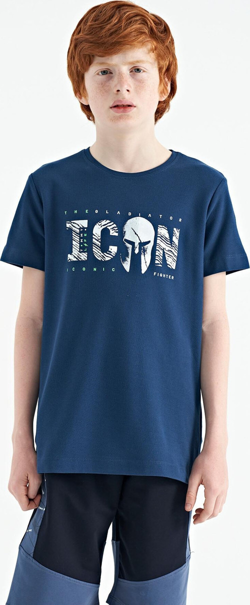 İndigo Ön Yazı Nakışlı O Yaka Standart Kalıp Erkek Çocuk T-Shirt - 11118