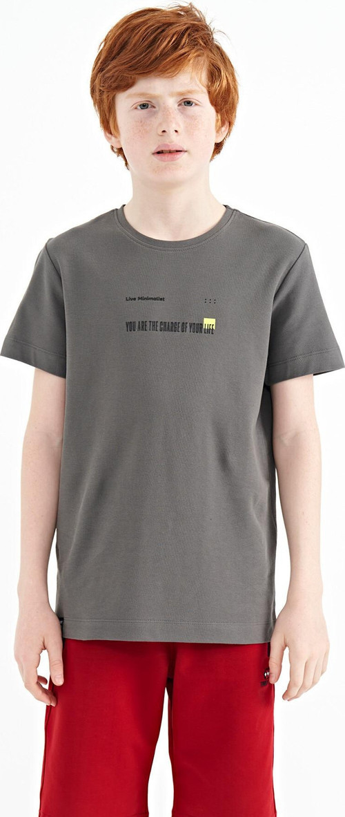 Koyu Gri Baskı Detaylı O Yaka Standart Kalıp Erkek Çocuk T-Shirt - 11117