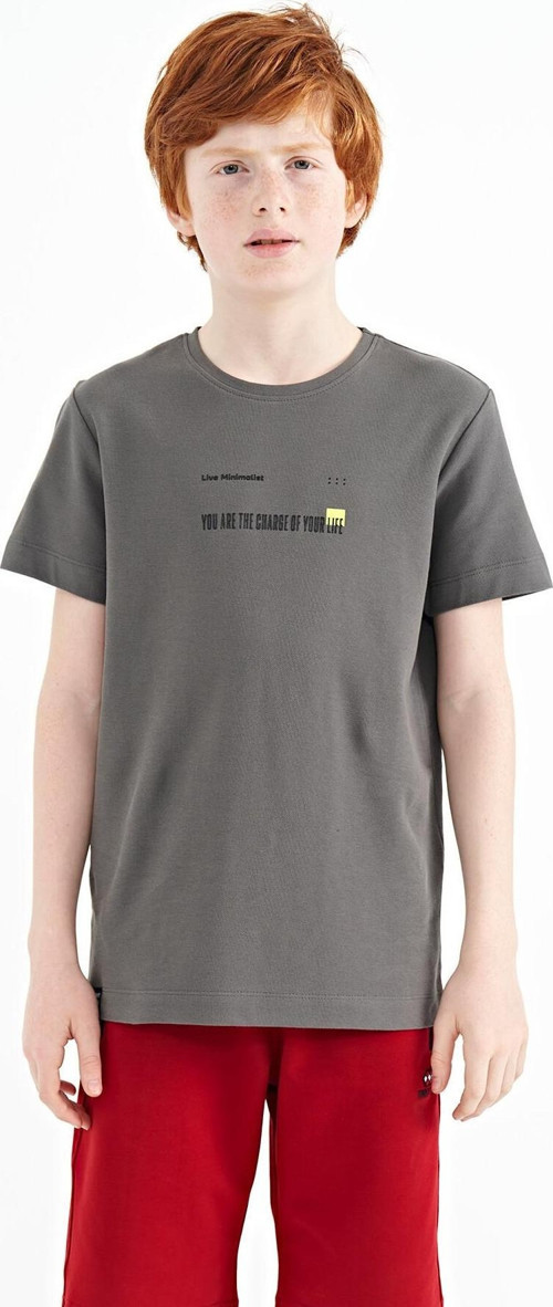 Koyu Gri Baskı Detaylı O Yaka Standart Kalıp Erkek Çocuk T-Shirt - 11117
