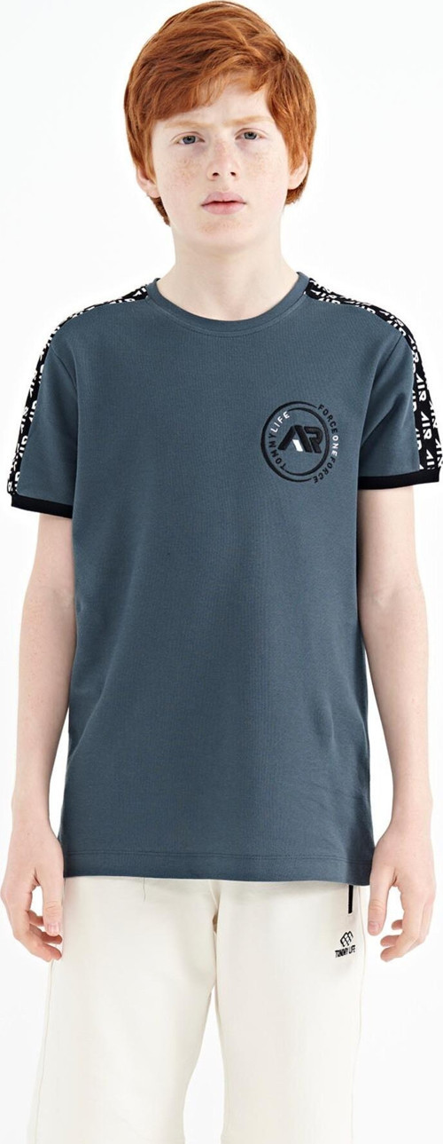 Orman Yeşili Omuz Baskı Detaylı Standart Kalıp O Yaka Erkek Çocuk T-Shirt - 11121