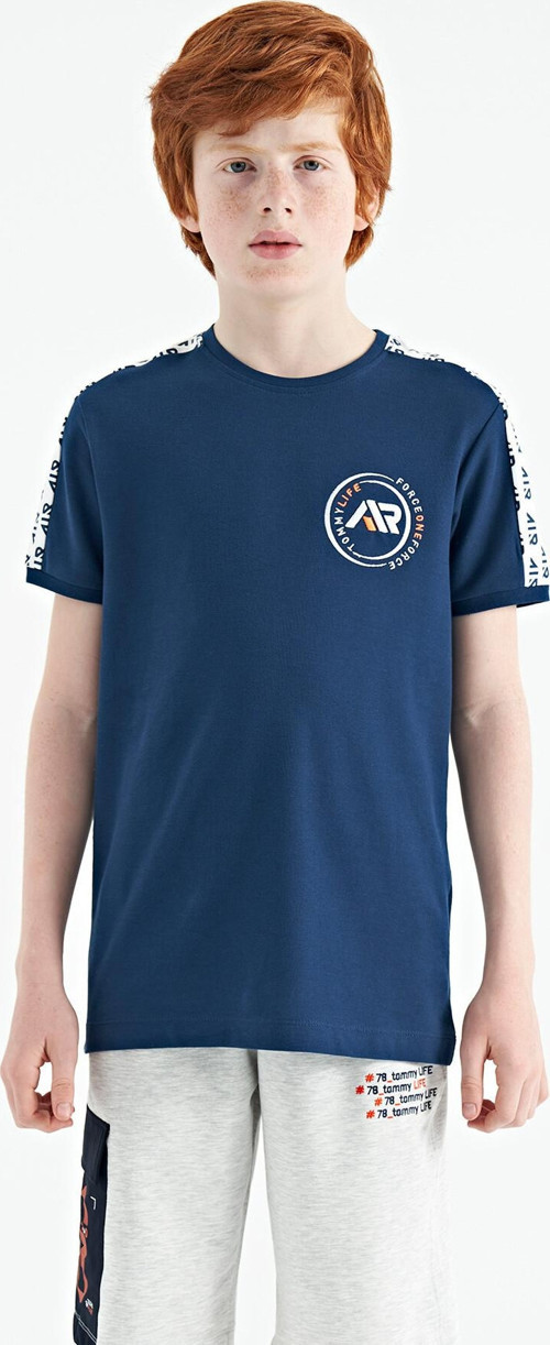 İndigo Omuz Baskı Detaylı Standart Kalıp O Yaka Erkek Çocuk T-Shirt - 11121