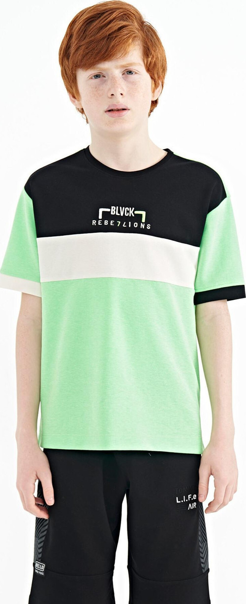 Neon Yeşil Renk Geçişli Nakışlı Oversize Erkek Çocuk T-Shirt - 11159