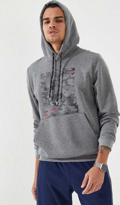 Gri Melanj Kamuflaj Desen Baskılı Standart Kalıp Kapüşonlu Erkek Sweatshirt - 87884