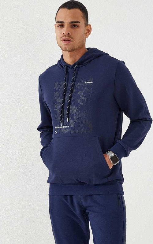 İndigo Kamuflaj Desen Baskılı Standart Kalıp Kapüşonlu Erkek Sweatshirt - 87884