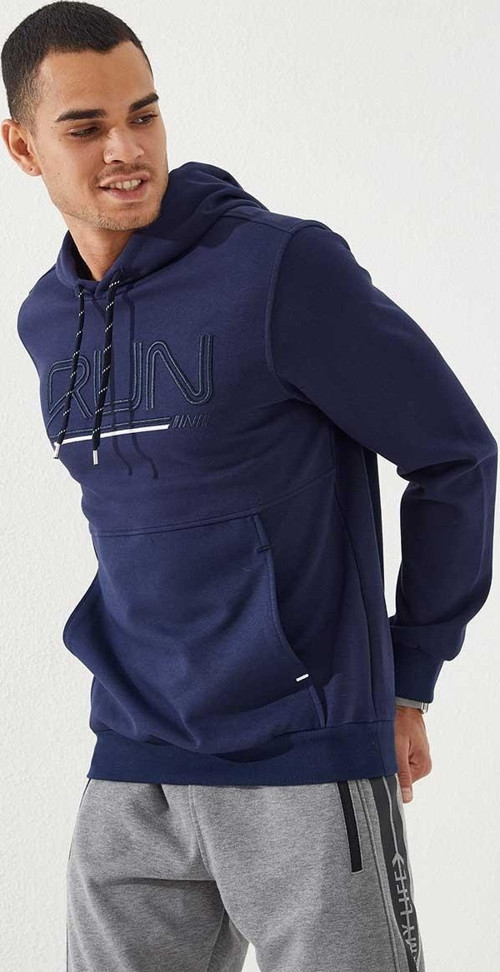 İndigo Yazı Nakışlı Standart Kalıp Kapüşonlu Erkek Sweatshirt - 87887