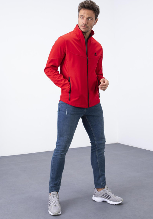Kırmızı Fermuarlı Dik Yaka Su ve Rüzgar Geçirmez Softshell Erkek Mont - 88050