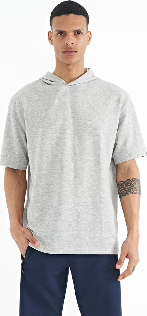 Gri Melanj Kapüşonlu Kol Etiket Detaylı Oversize Erkek T-shirt - 88179