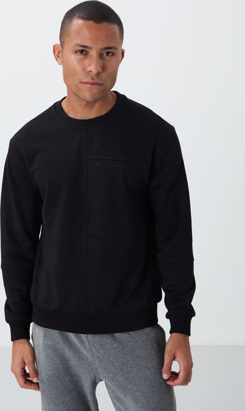 Siyah Kompakt Pamuklu Kalın Pürüzsüz Dokulu O Yaka Standart Fit Erkek Sweatshirt -88405