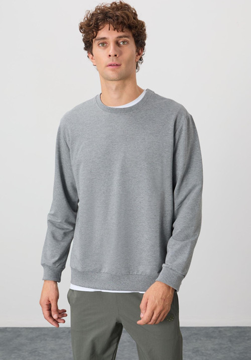 Gri Melanj Pamuk Yumuşak Dokulu Standart Fit Basic Erkek Sweatshirt - 88363