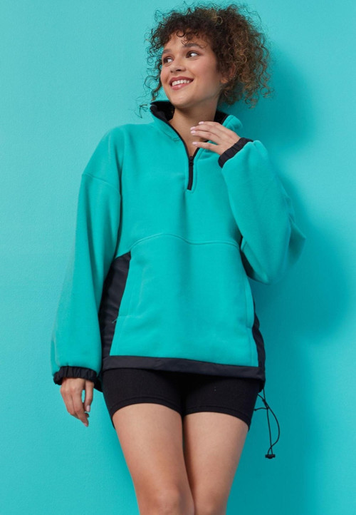 Deniz Yeşili Yarım Fermuar Etek Ucu Büzgülü Dik Yaka Oversize Kadın Polar Sweatshirt - 97236