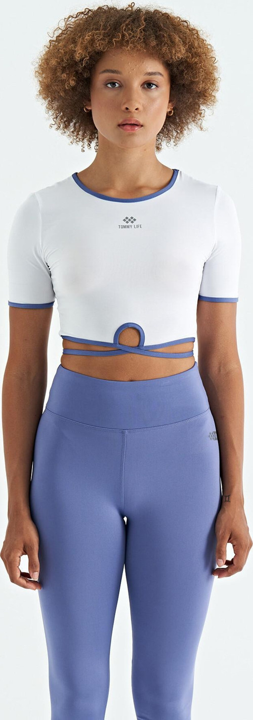 Beyaz Bel Bağlama Detaylı O Yaka Standart Kalıp Dalgıç Kumaş Kadın Crop T-Shirt - 97266