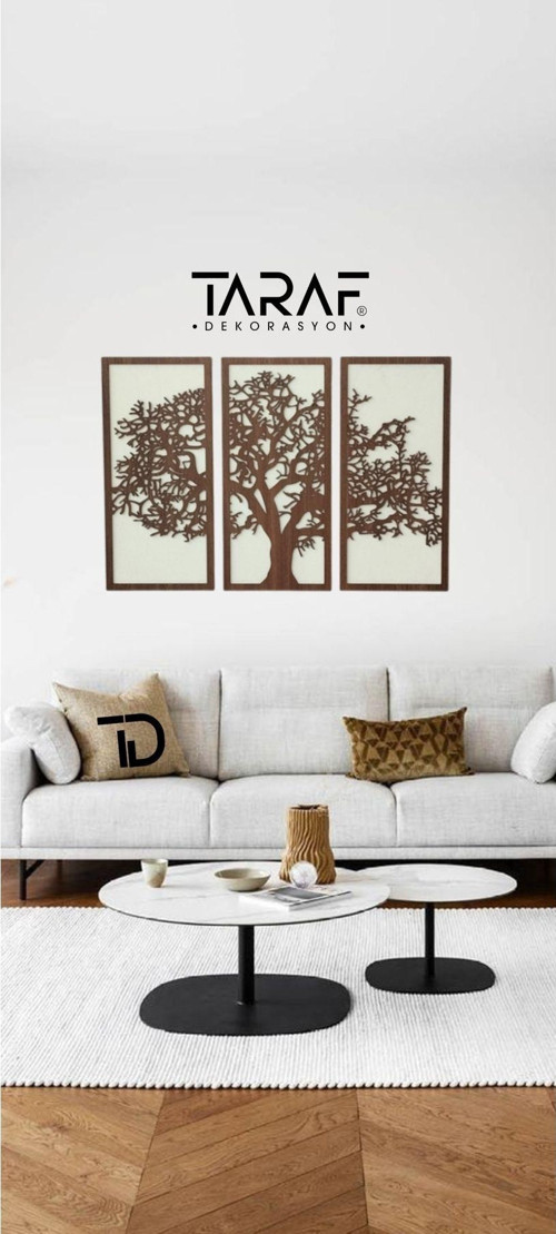 3 Parça Ağaç Tablo Lazer Kesim Dekoratif Tablo 42X62 Krem Ceviz 42 x 62 cm