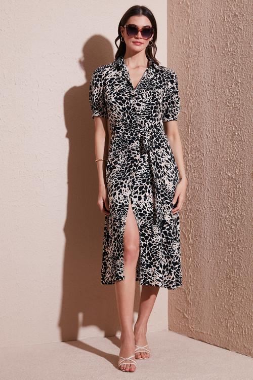 Desenli Relaxed Fit Balon Kol Yırtmaçlı Kemerli Midi Boy Bayan Elbise 67810558 LEOPAR