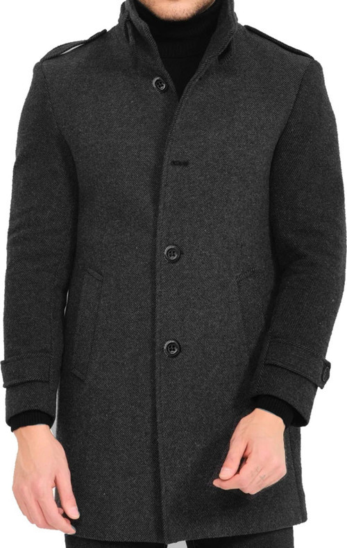 Slim Fit Italyan Kesim Dik Yaka Ince Kaşe Kaban--Nokta Desenli--