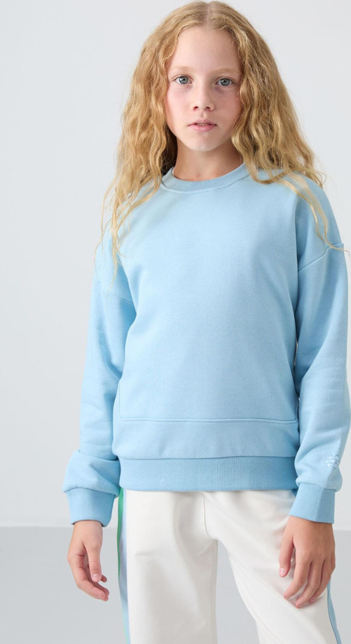 Açık Mavi Pamuklu İçi Tüylü Yumuşak Dokulu Oversize Nakışlı Kız Çocuk Sweatshirt - 75150