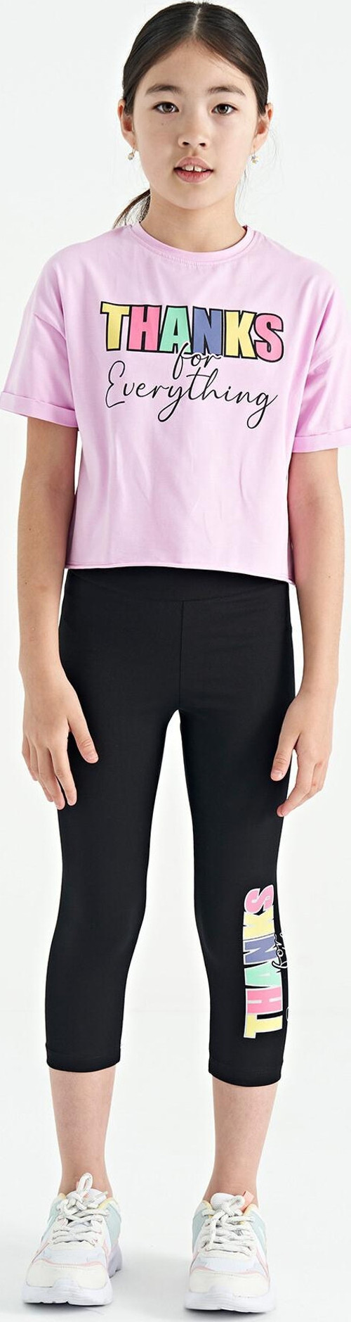 Pembe - Siyah Yazı Baskılı Oversize Kız Çocuk Crop Tayt Takım - 75133