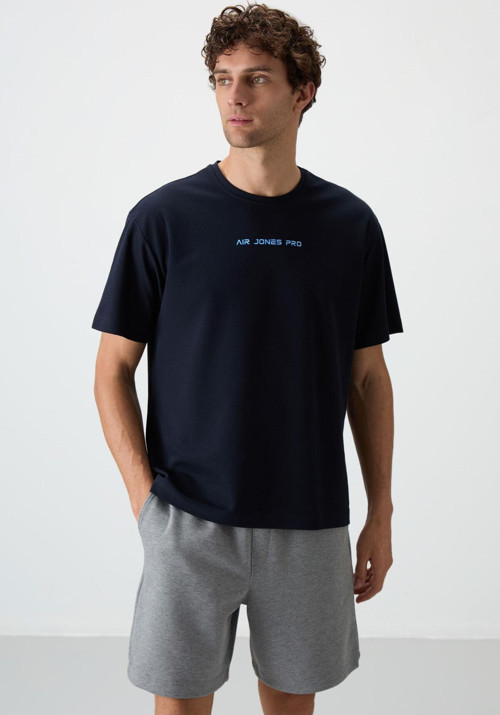 Lacivert Pamuklu Kalın Yüzeyi Dokulu Oversize Fit Baskılı Erkek T-Shirt - 88364