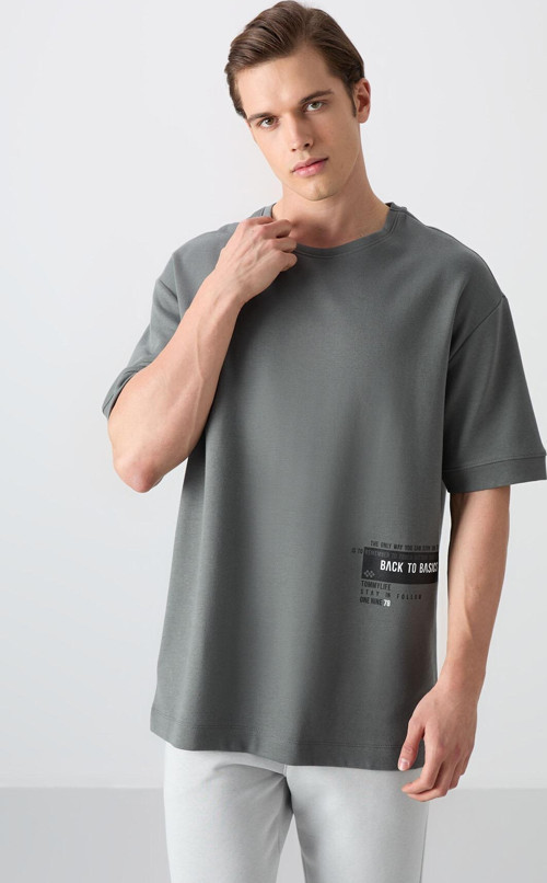 Haki Pamuklu Kalın Yumuşak Dokulu Oversize Fit Baskılı Erkek T-Shirt - 88322