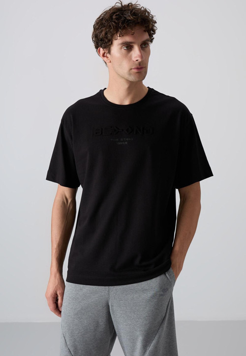 Siyah Pamuklu Kalın Yumuşak Dokulu Oversize Fit Baskılı Erkek T-Shirt - 88328