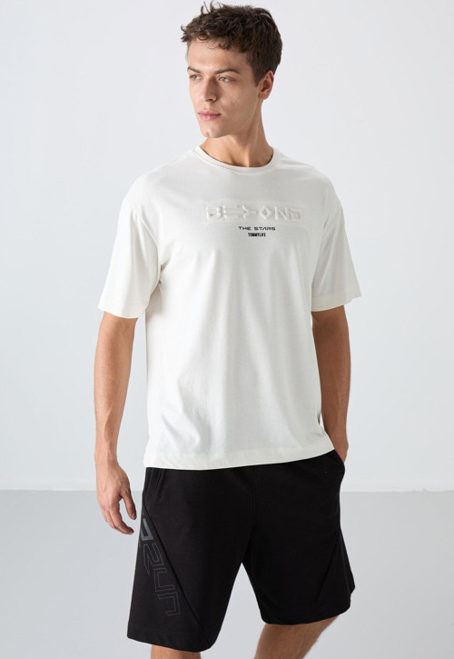 Ekru Pamuklu Kalın Yumuşak Dokulu Oversize Fit Baskılı Erkek T-Shirt - 88328
